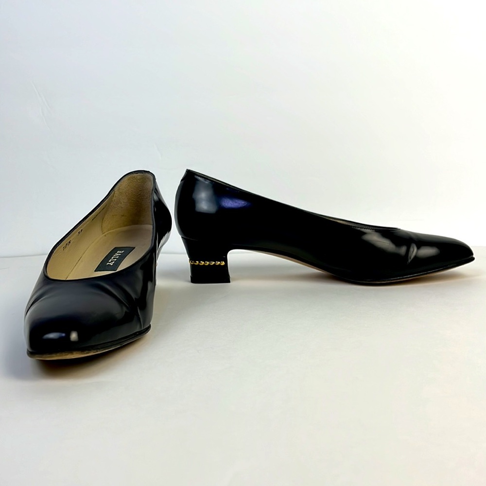Bally Tipin Style Flex Black Leather Heels Gold Accent Size 39